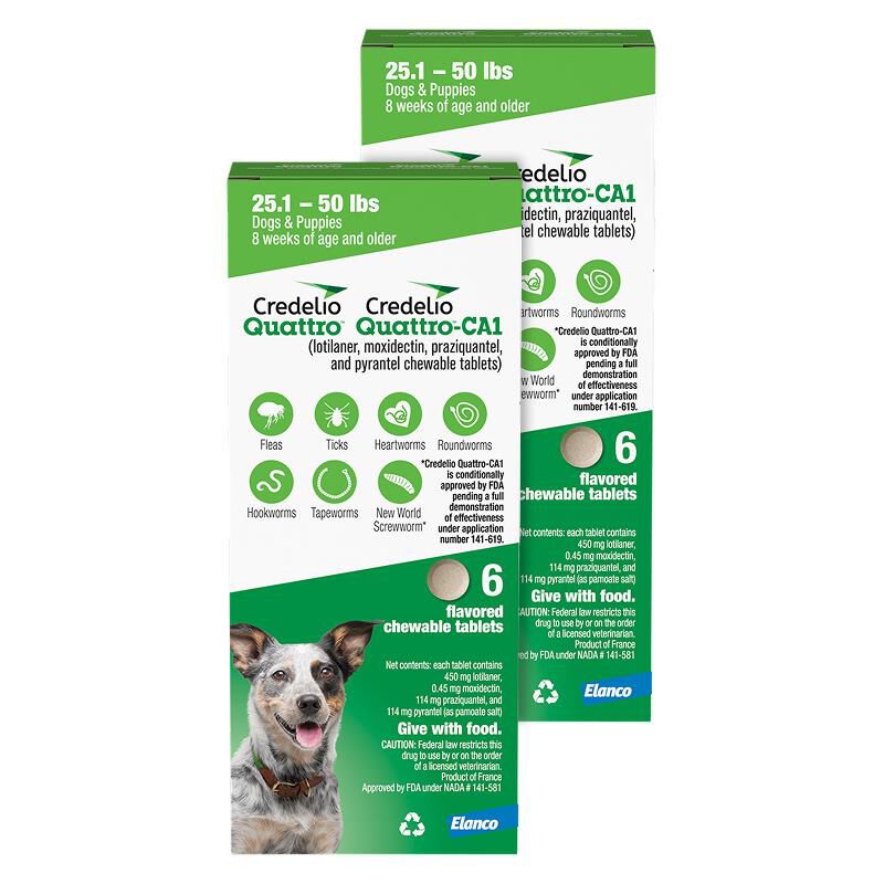 Credelio Quattro / Credelio Quattro-CA1 Flavored Chewable Tablet for Dogs & Puppies 25.1-50 lbs Green 12 Month Supply