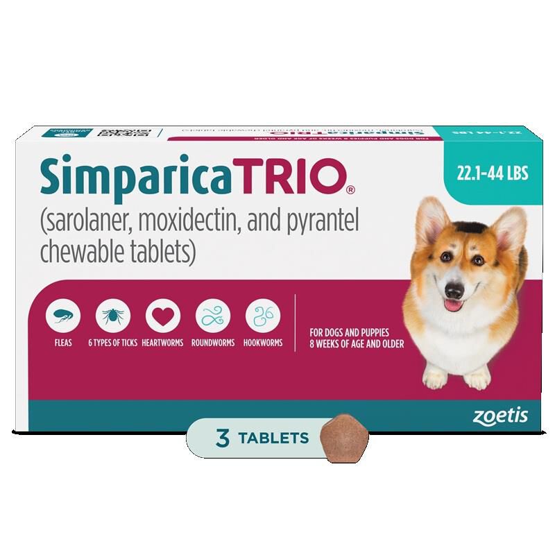 Simparica Trio Chewable Tablets for Dogs 22.1-44 lbs Blue, 3 Month Supply