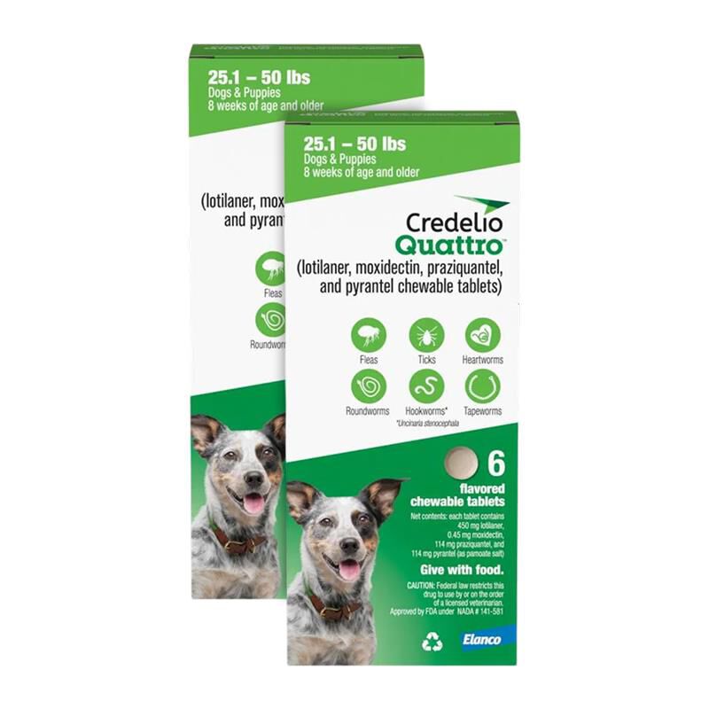Credelio Quattro Flavored Chewable Tablet for Dogs & Puppies 25.1-50 lbs Green 12 Month Supply