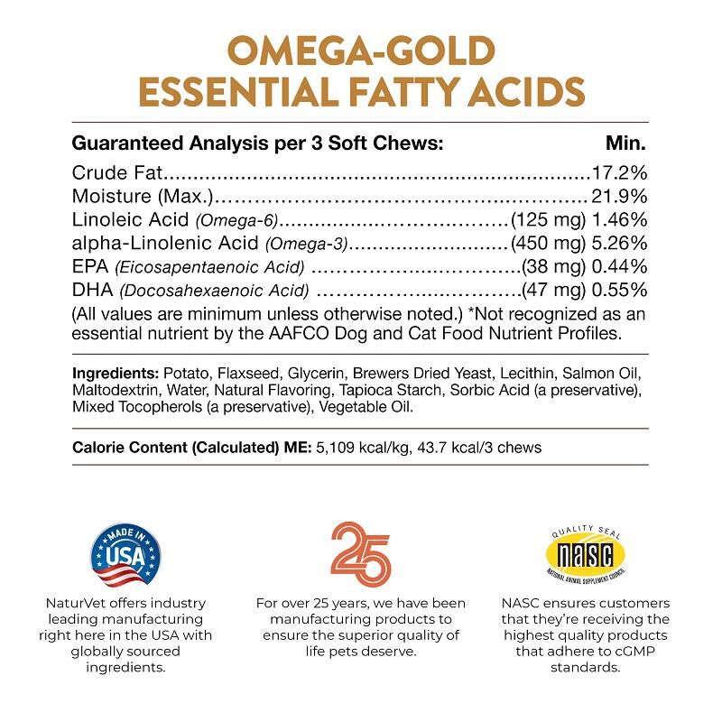 NaturVet Omega Gold Plus Salmon Oil Soft Chews, 180 Ct