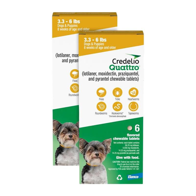 Credelio Quattro Flavored Chewable Tablet for Dogs & Puppies 3.3-6 lbs Yellow 12 Month Supply