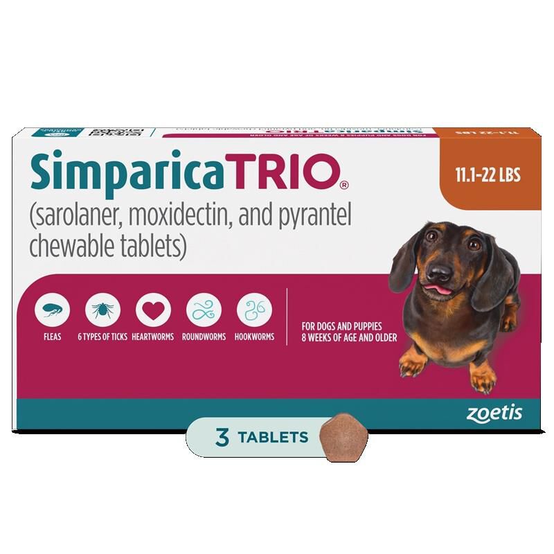 Simparica Trio Chewable Tablets for Dogs 11.1-22 lbs Caramel, 3 Month Supply