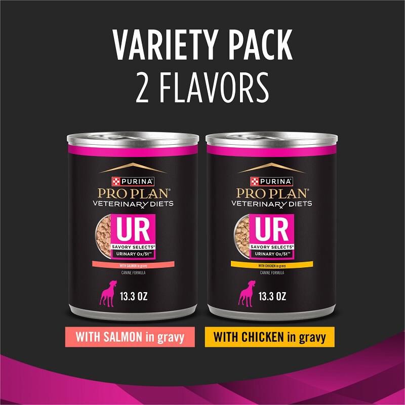 Purina Pro Plan Veterinary Diets UR Urinary Ox/St Savory Selects with Chicken + Salmon Wet Dog Food Variety Pack, 12 x 13.3 oz cans