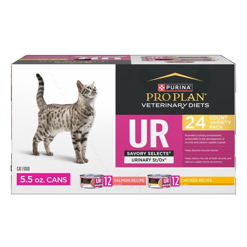 Purina Pro Plan Veterinary Diets UR Savory Selects Urinary St/Ox Chicken and Salmon Wet Cat Food&nbsp;Variety Pack, 24 x 5.5 oz cans